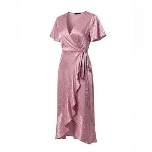 Simplee Pink Satin Leopard Wrap Dress – Size XL romantic maxi NEW